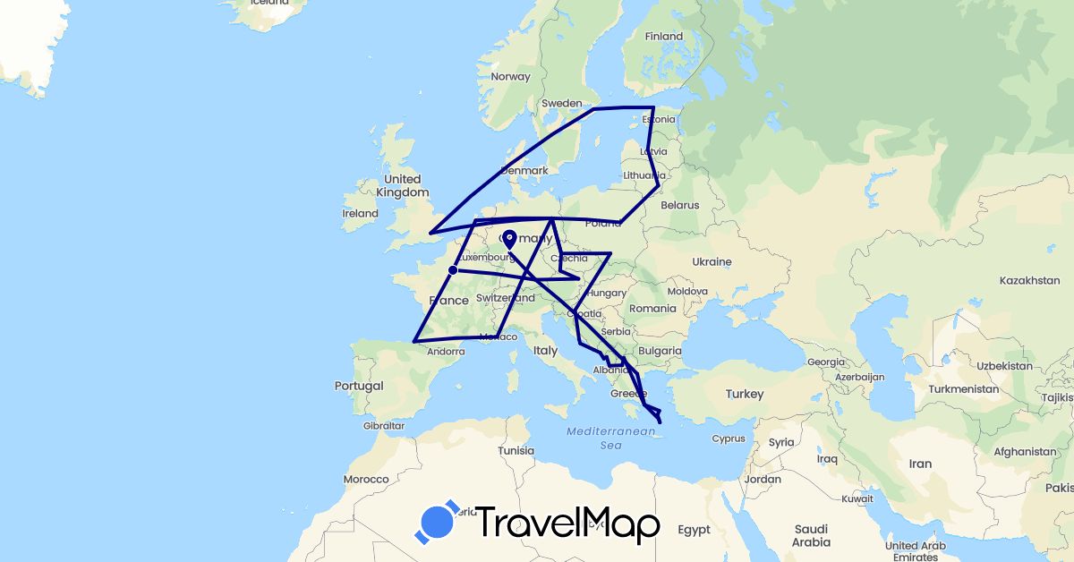TravelMap itinerary: driving in Albania, Austria, Czech Republic, Germany, Estonia, Spain, France, United Kingdom, Greece, Croatia, Lithuania, Latvia, Montenegro, Macedonia, Netherlands, Poland, Sweden (Europe)